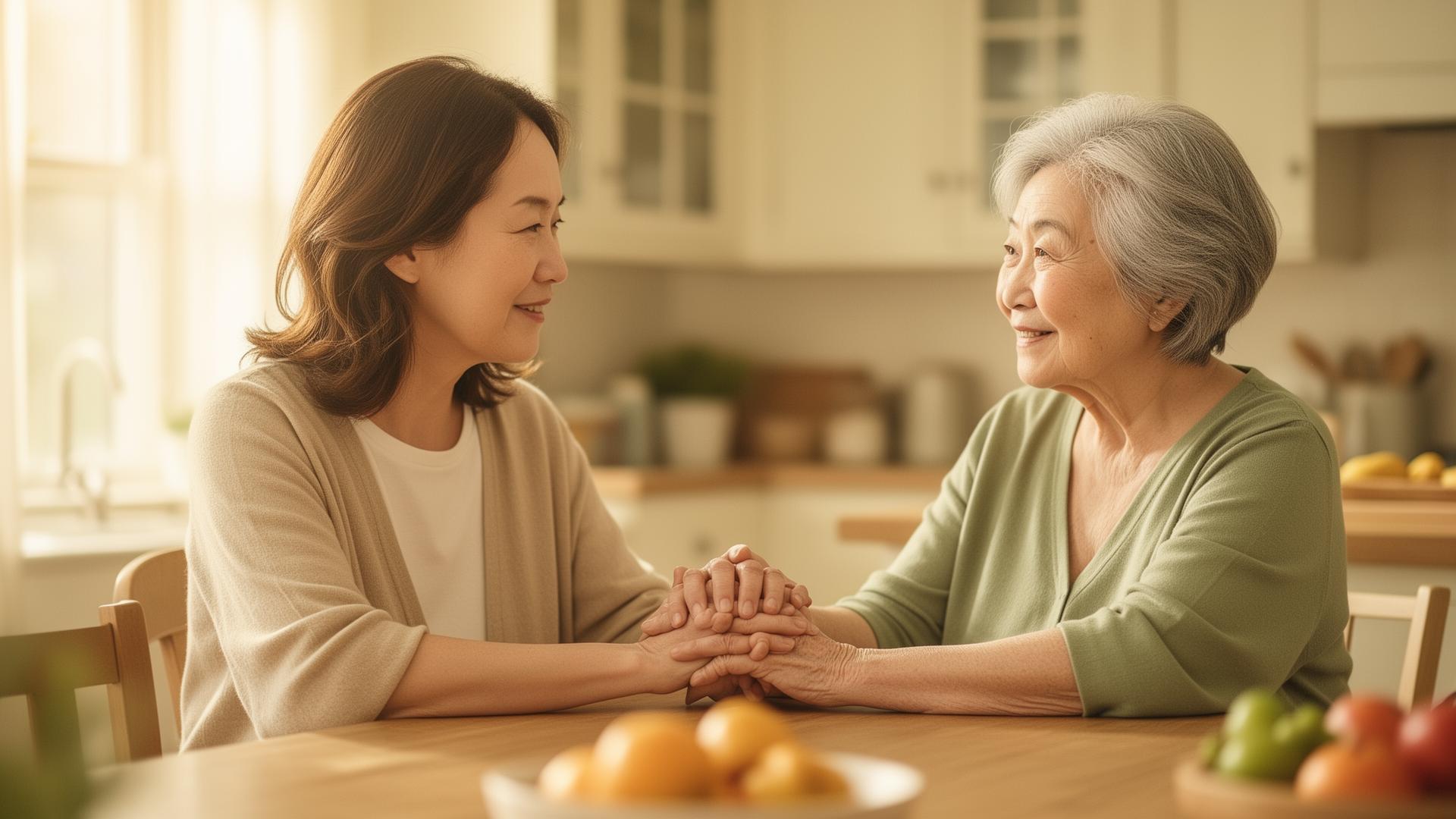 Adult daughter holding her elderly mother's hand at a sunlit kitchen table